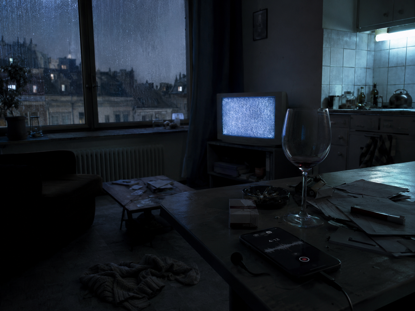 Dark Mara Veyl apartment at 04:12 with rain on the window, static on an old television, recording phone, cigarettes, wine glass and blue kitchen light.