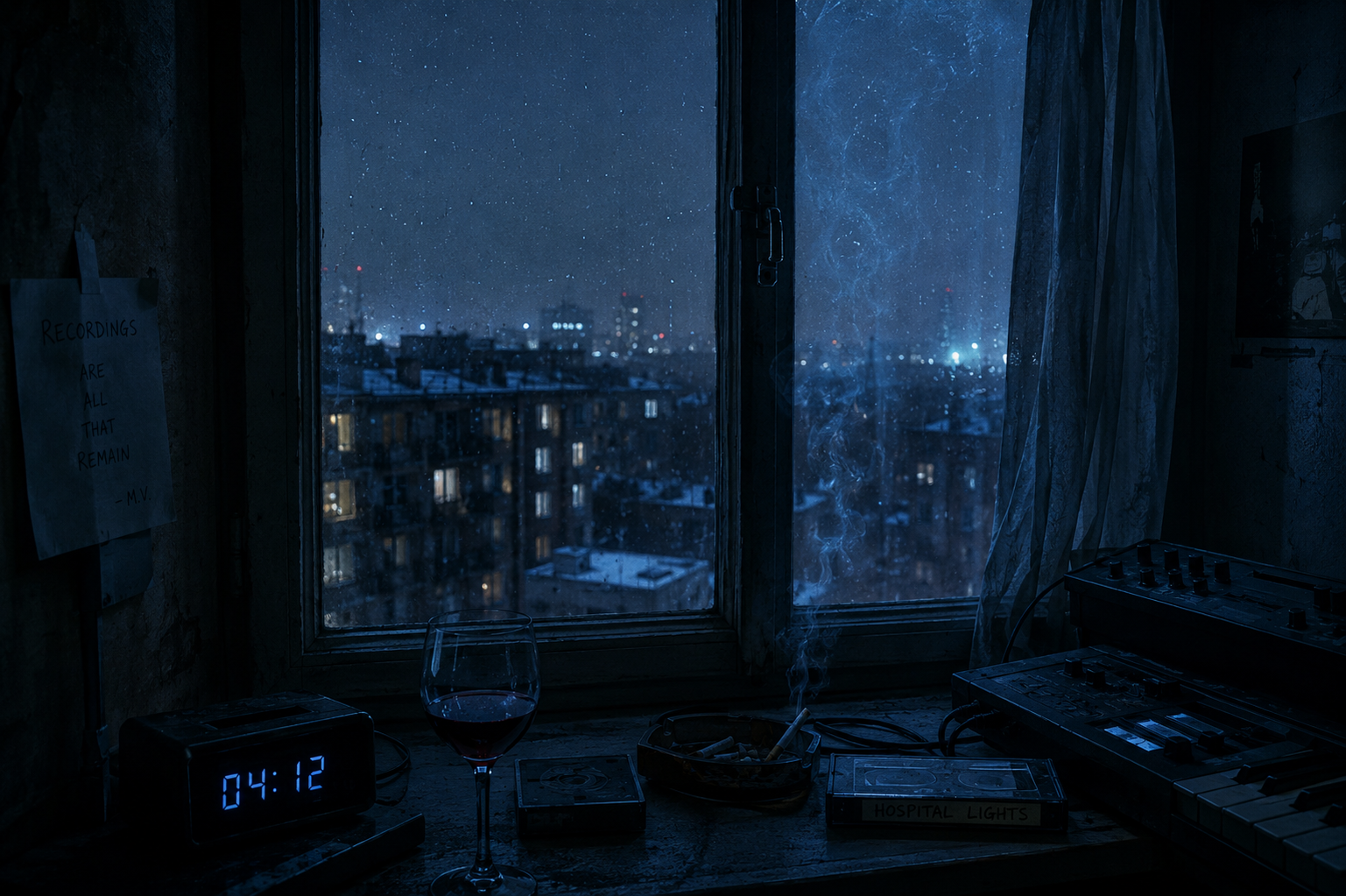 Stockholm apartment window at 04:12 — distant city lights, wine glass, recording desk, cassette labeled Hospital Lights