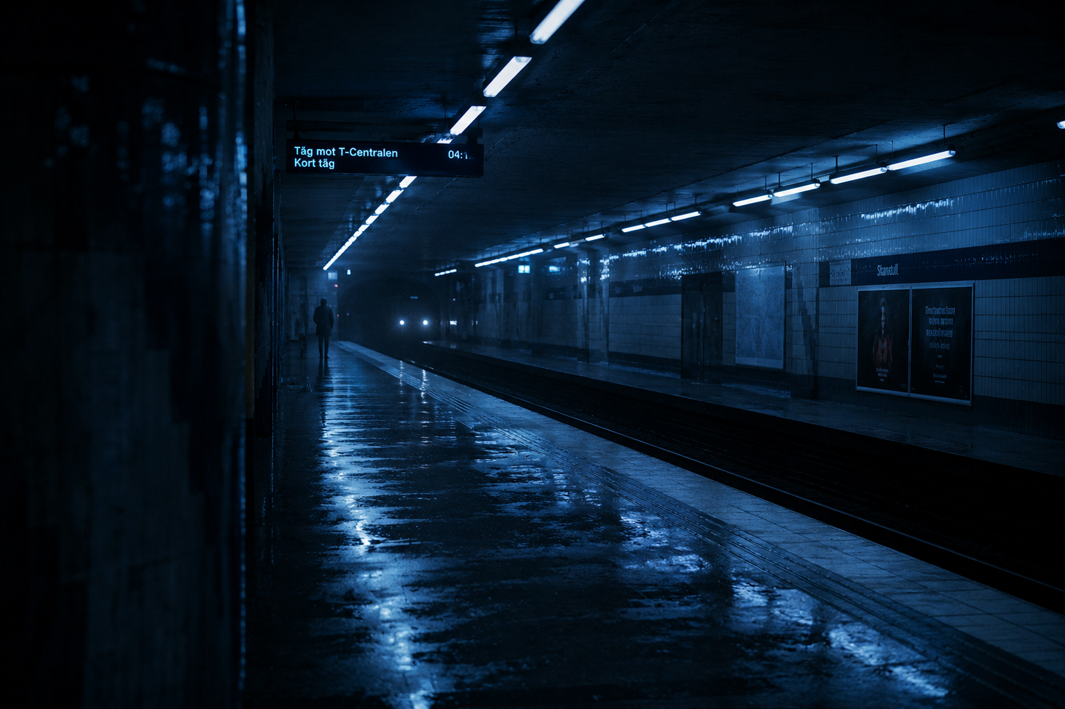 Empty Stockholm underground platform at 05:03 — wet floor reflections, fluorescent lights, distant figure, Täg mot T-Centralen sign