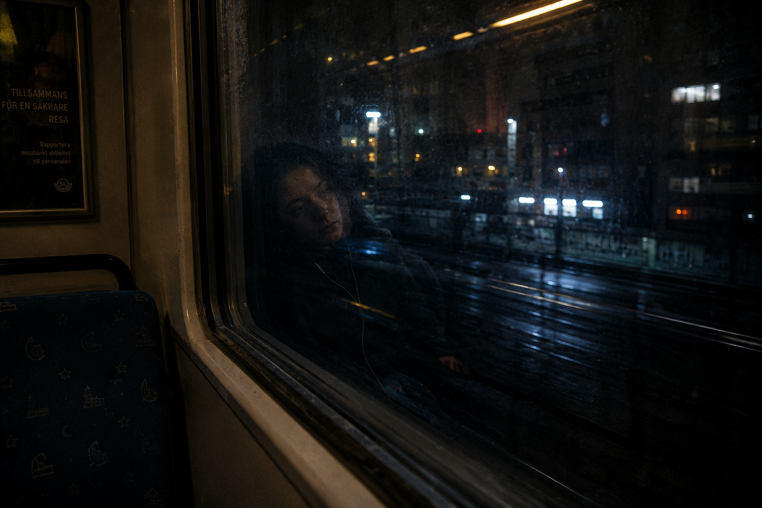 Young woman's face reflected in a Stockholm commuter train window at 04:58 — wet tracks, distant city windows, blue patterned seat, Tillsammans för en säkrare resa sign