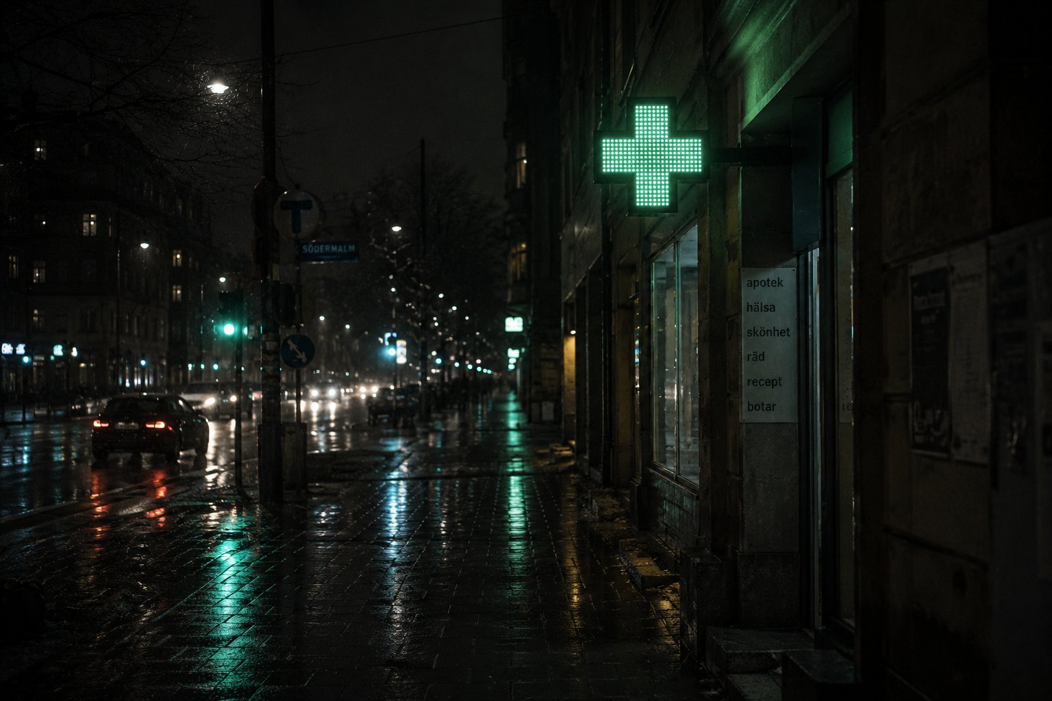 Rain-soaked Södermalm street at 03:28 with a glowing green pharmacy cross, wet pavement reflections, and sparse late-night traffic