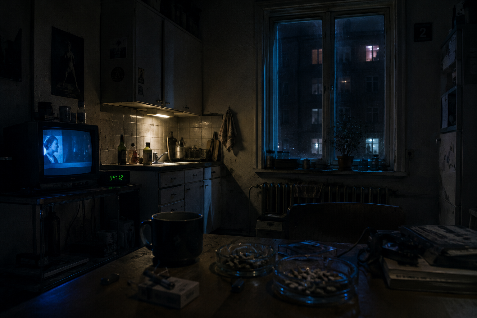 Dim Prague kitchen at 03:41 — muted television glow, green digital clock, ashtrays, mug, distant lit windows across the courtyard
