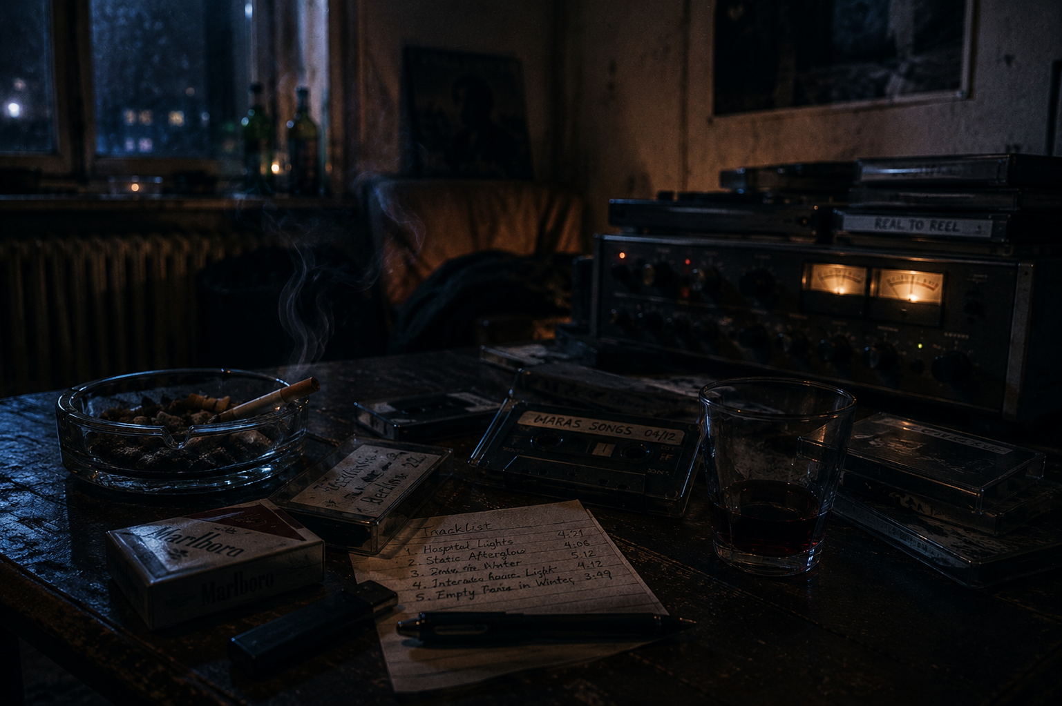 Unlabeled cassette tapes scattered beside a glass ashtray under a warm desk lamp at 04:48