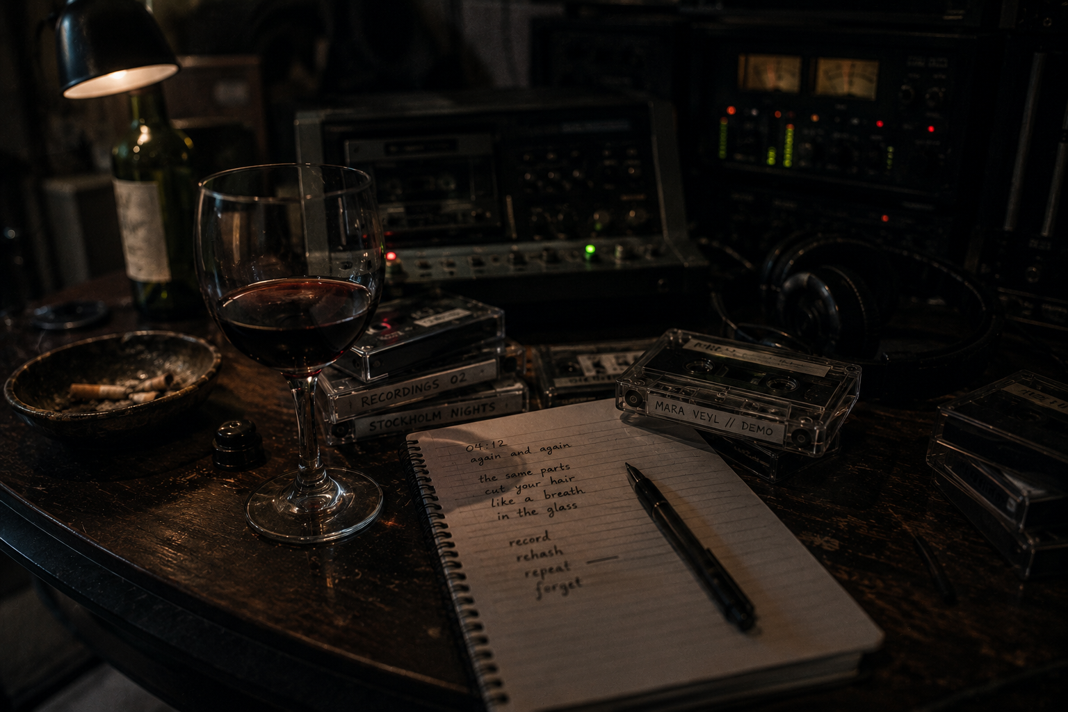 Post-session apartment desk at 02:51 — warm lamp, half-finished glass of wine, ashtray, cassettes labeled Recordings 02 / Stockholm Nights / Mara Veyl // Demo, open notebook with handwritten lyric fragments, mixer and VU meters in the background