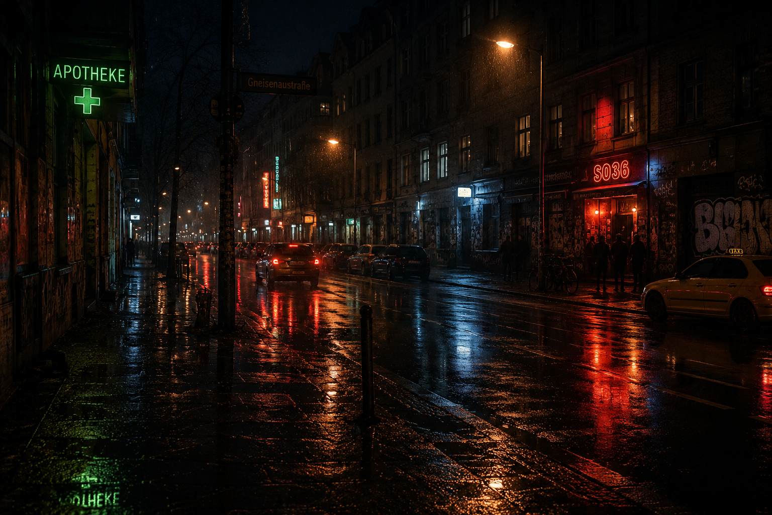 Wet Kreuzberg street after rain — green Apotheke sign, red S036 neon, taillight reflections on cobblestones at 05:16