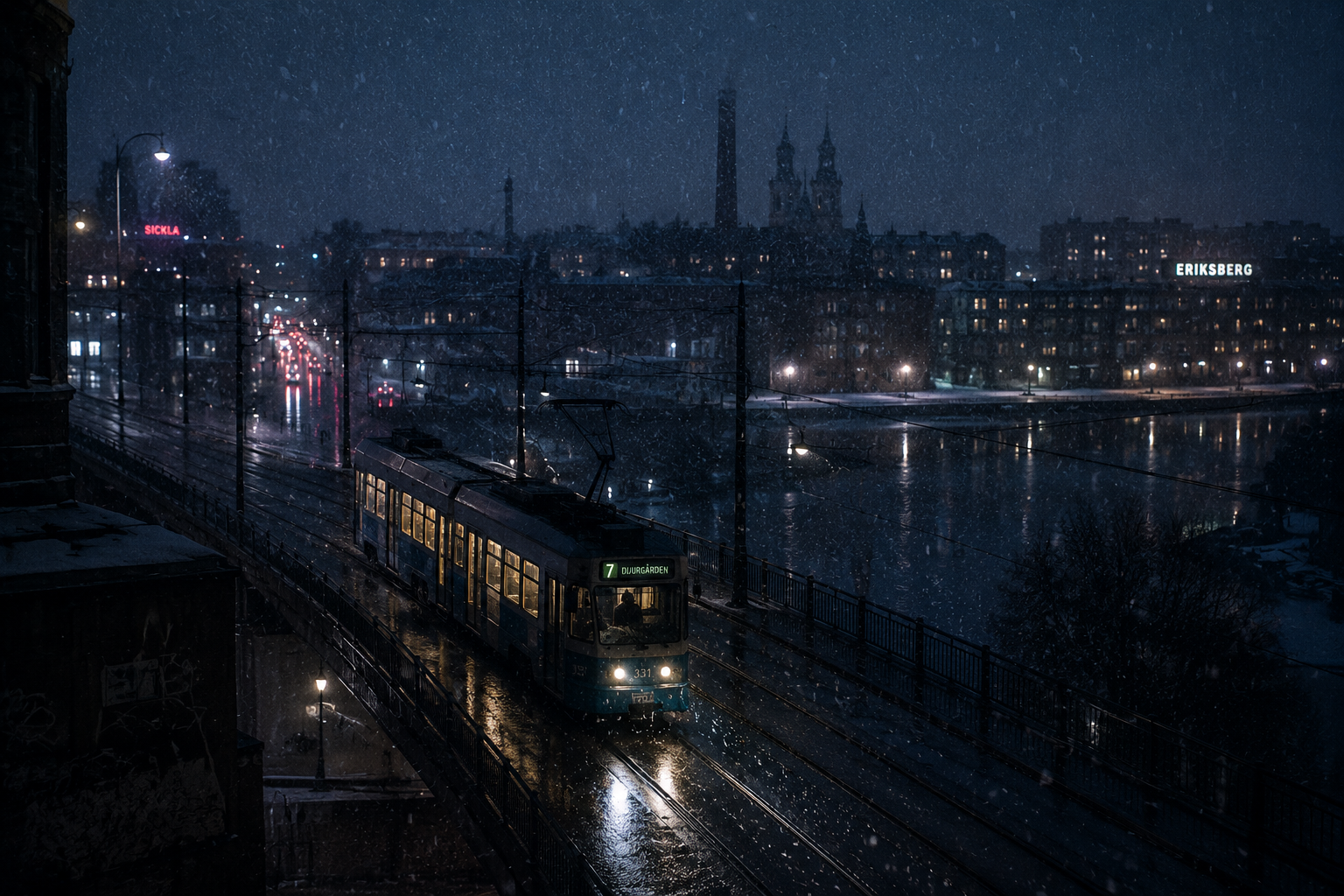 Tram line 7 to Djurgården crossing a Stockholm bridge in heavy snowfall at 06:22 — distant Sickla and Eriksberg neon, warm interior lights