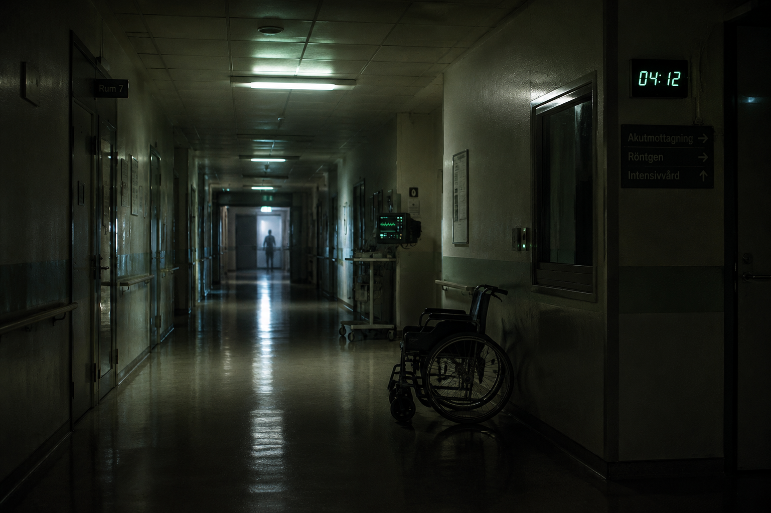 Empty Södersjukhuset corridor at 03:17 — fluorescent ceiling lights, distant silhouette, wheelchair, Akutmottagning / Röntgen / Intensivvård signage, green digital clock