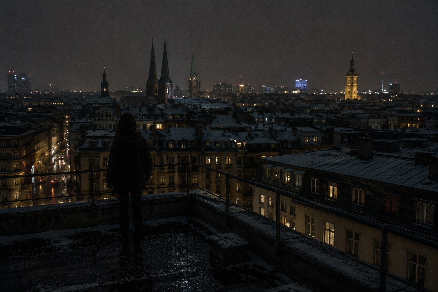 Solitary figure on a snow-dusted Stockholm rooftop at 05:44 — distant church spires, wet streets below, scattered yellow window lights under gray winter sky
